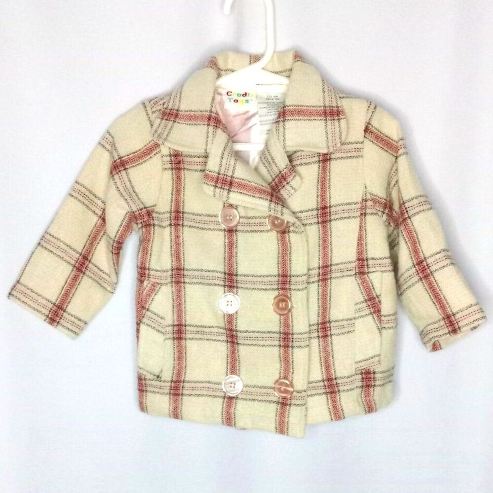 Cradle Togs Wool Blend Pea Coat Plaid Jacket Pockets Lined Infant Toddler 18 mo